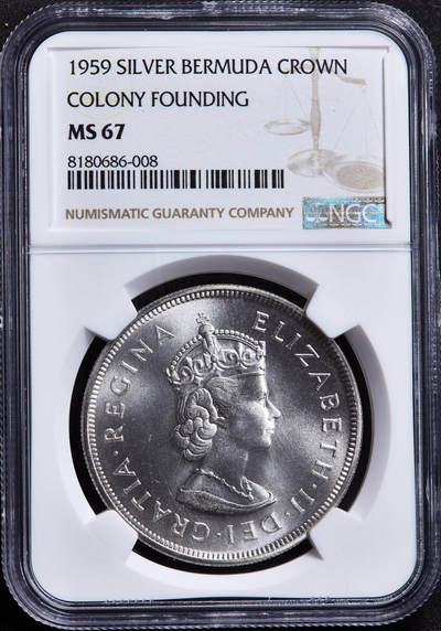 【俄甄集藏】“万象更新、马呈祥瑞”迎新春俄甄精品场-2026年(047)01-21 星期三 晚 19:30 全场包邮 - 英属百慕大1959年伊丽莎白二世1克朗大银币，NGC MS67，原卷曝光顶级分数，该自治领独立发行的首枚钱币，28.28克，92.5%银，发行量10000枚