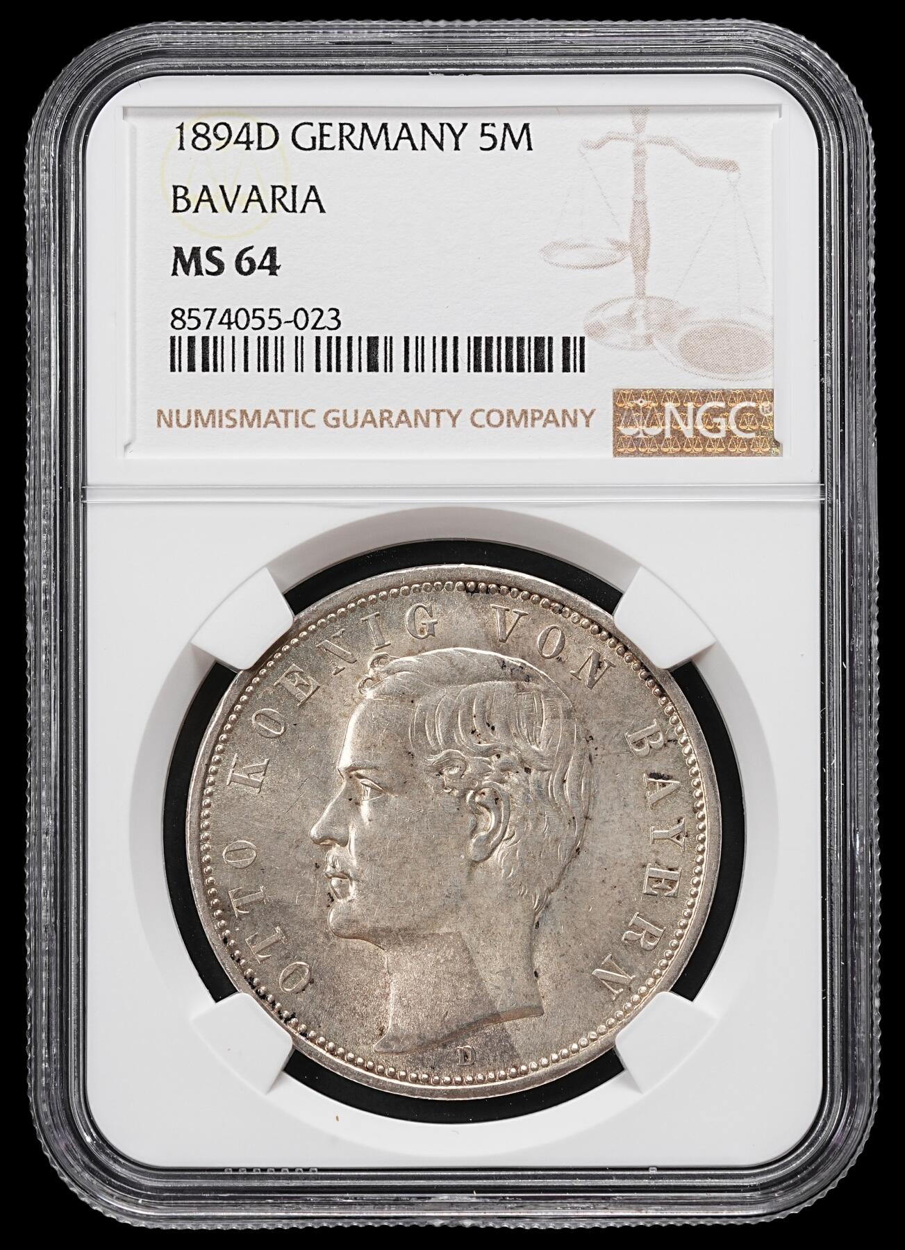 修遠堂世界钱币第101期 NGC MS64 1894年巴伐利亚5马克大银币，冠军分，稀少的早期年份