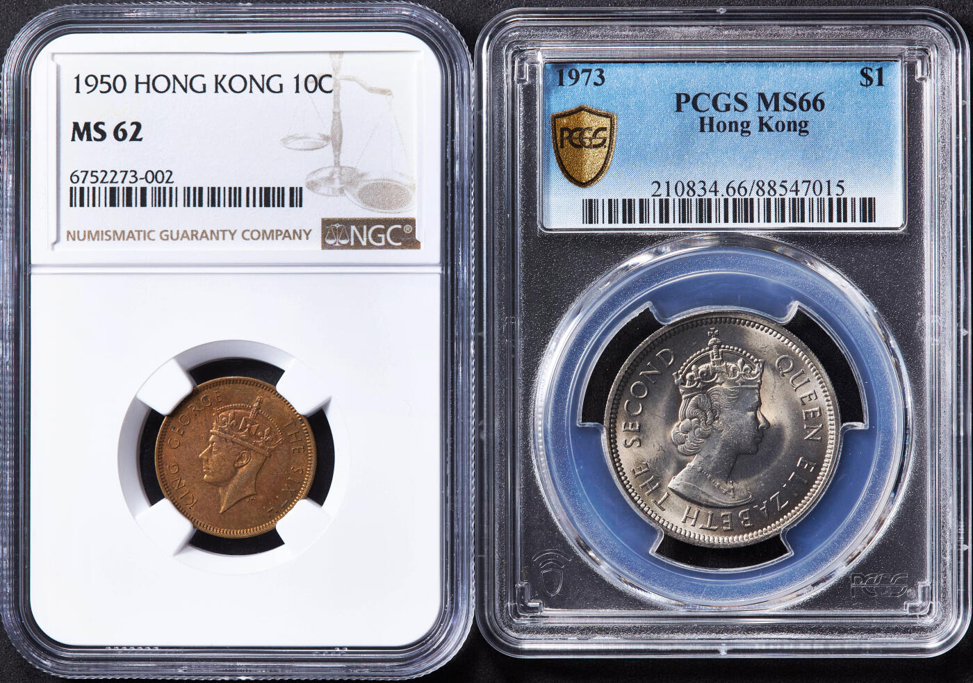 【俄甄集藏】“万象更新、马呈祥瑞”迎新春俄甄精品场-2026年(047)01-21 星期三 晚 19:30 全场包邮 英属香港1950年乔治六世一毫铜币/1973年伊丽莎白二世大一元镍币，NGC MS62/PCGS MS66，两枚一对