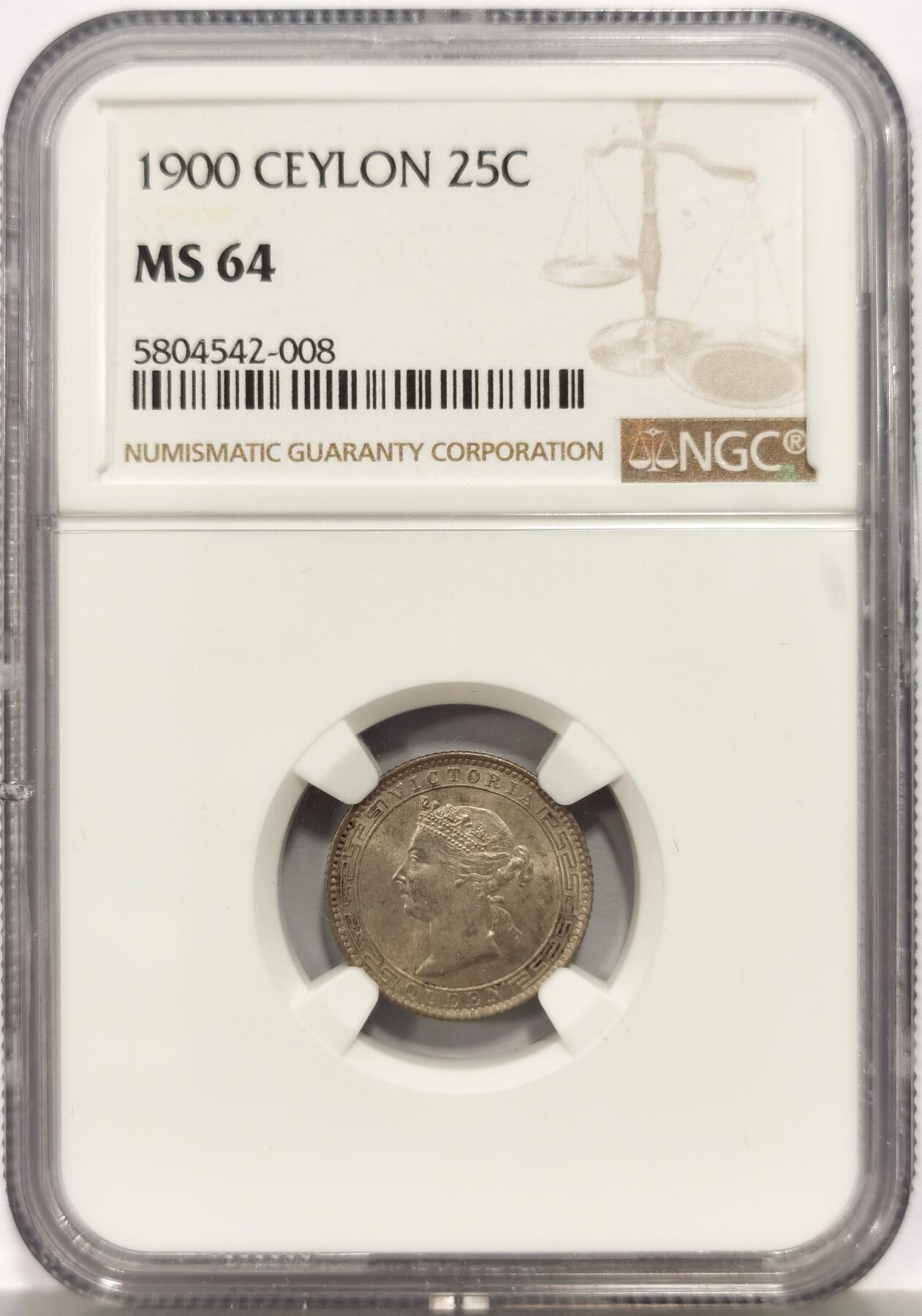 博洋堂世界钱币拍卖第157期（全场包邮） NGC MS64 英属锡兰1900年维多利亚25分