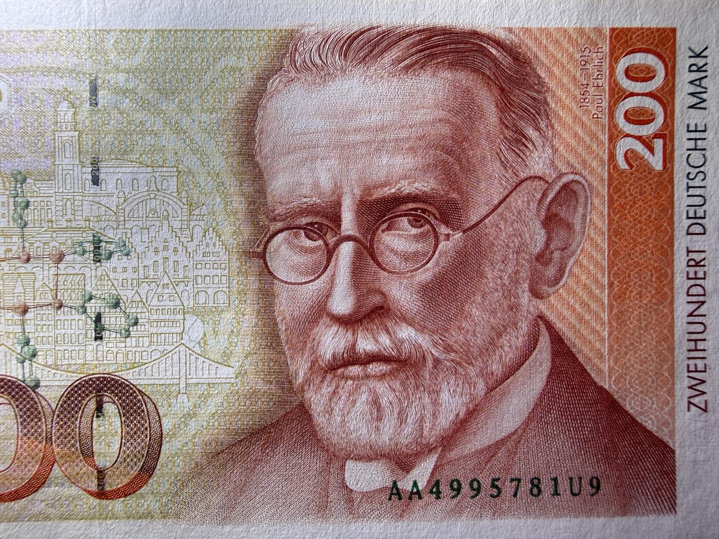 《艾美收藏》第229期-1.18周日外币荟萃 德国200马克 UNC 1989年 德国医学家保罗·埃尔利希 AA冠