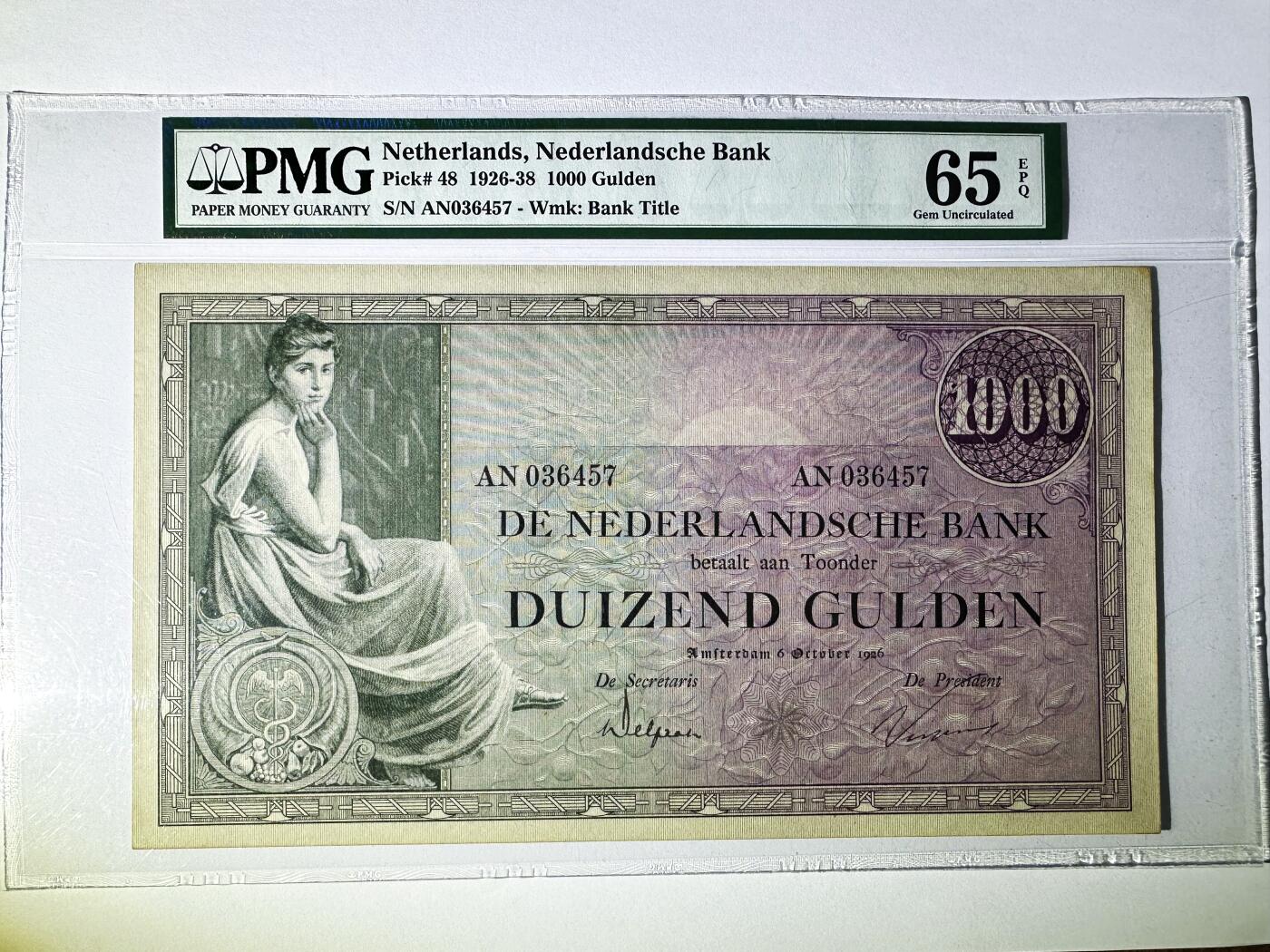 【Blue Auction】世界纸币精拍第776期——18级TOP拍卖/信誉/品质/专业/高效💫 【珍品 冠军分少见仅3张 趣味号36457】荷兰 1926-38年1000盾 最高值 PMG65EPQ 超大票幅 女神 设计精美  