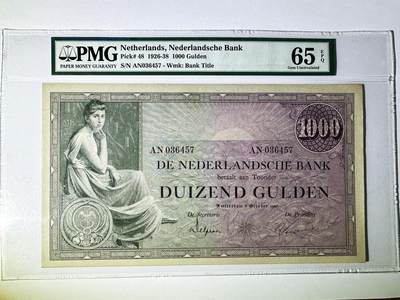 【Blue Auction】世界纸币精拍第776期——18级TOP拍卖/信誉/品质/专业/高效💫 - 【珍品 冠军分少见仅3张 趣味号36457】荷兰 1926-38年1000盾 最高值 PMG65EPQ 超大票幅 女神 设计精美  