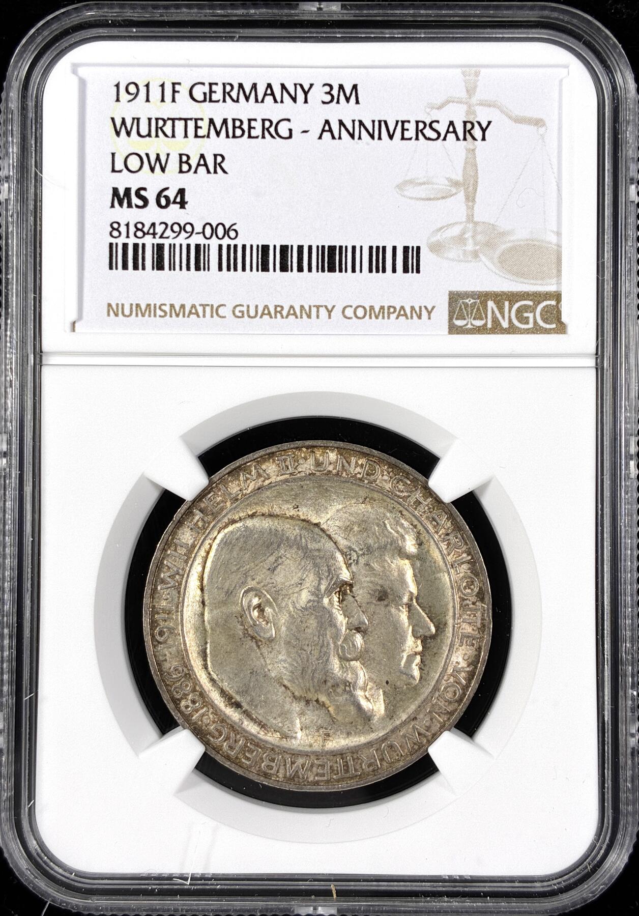 【雨安】【直播拍卖】【第0124期-评级币章】2026-01-17 周六 19:30 [评级德国] Germany 德国 帝国 J.177a 符腾堡 3马克 (1911) 银婚 1911年  NGC-MS64