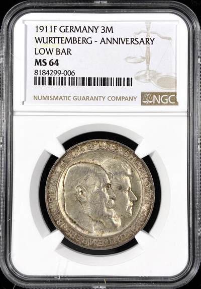 【雨安】【直播拍卖】【第0124期-评级币章】2026-01-17 周六 19:30 - [评级德国] Germany 德国 帝国 J.177a 符腾堡 3马克 (1911) 银婚 1911年  NGC-MS64
