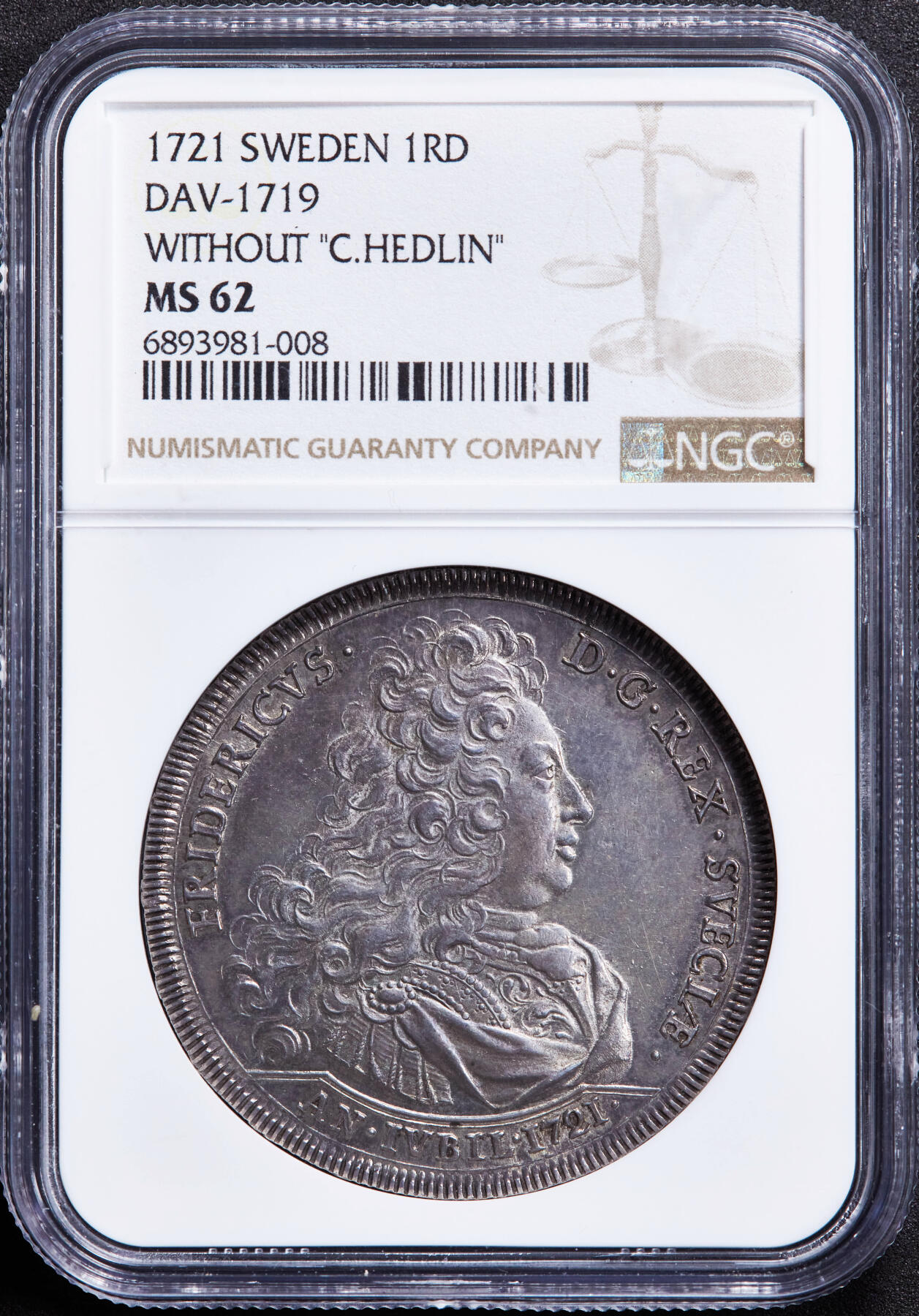 【俄甄集藏】“万象更新、马呈祥瑞”迎新春俄甄精品场-2026年(047)01-21 星期三 晚 19:30 全场包邮 瑞典1721年弗雷德里克一世纪念瑞典脱离卡尔玛联盟200周年1里斯克达勒大银币，NGC MS62，名誉品种，顶级灰浆酱彩老包浆，设计精美，状态佳