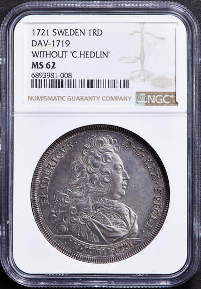 【俄甄集藏】“万象更新、马呈祥瑞”迎新春俄甄精品场-2026年(047)01-21 星期三 晚 19:30 全场包邮 - 瑞典1721年弗雷德里克一世纪念瑞典脱离卡尔玛联盟200周年1里斯克达勒大银币，NGC MS62，名誉品种，顶级灰浆酱彩老包浆，设计精美，状态佳