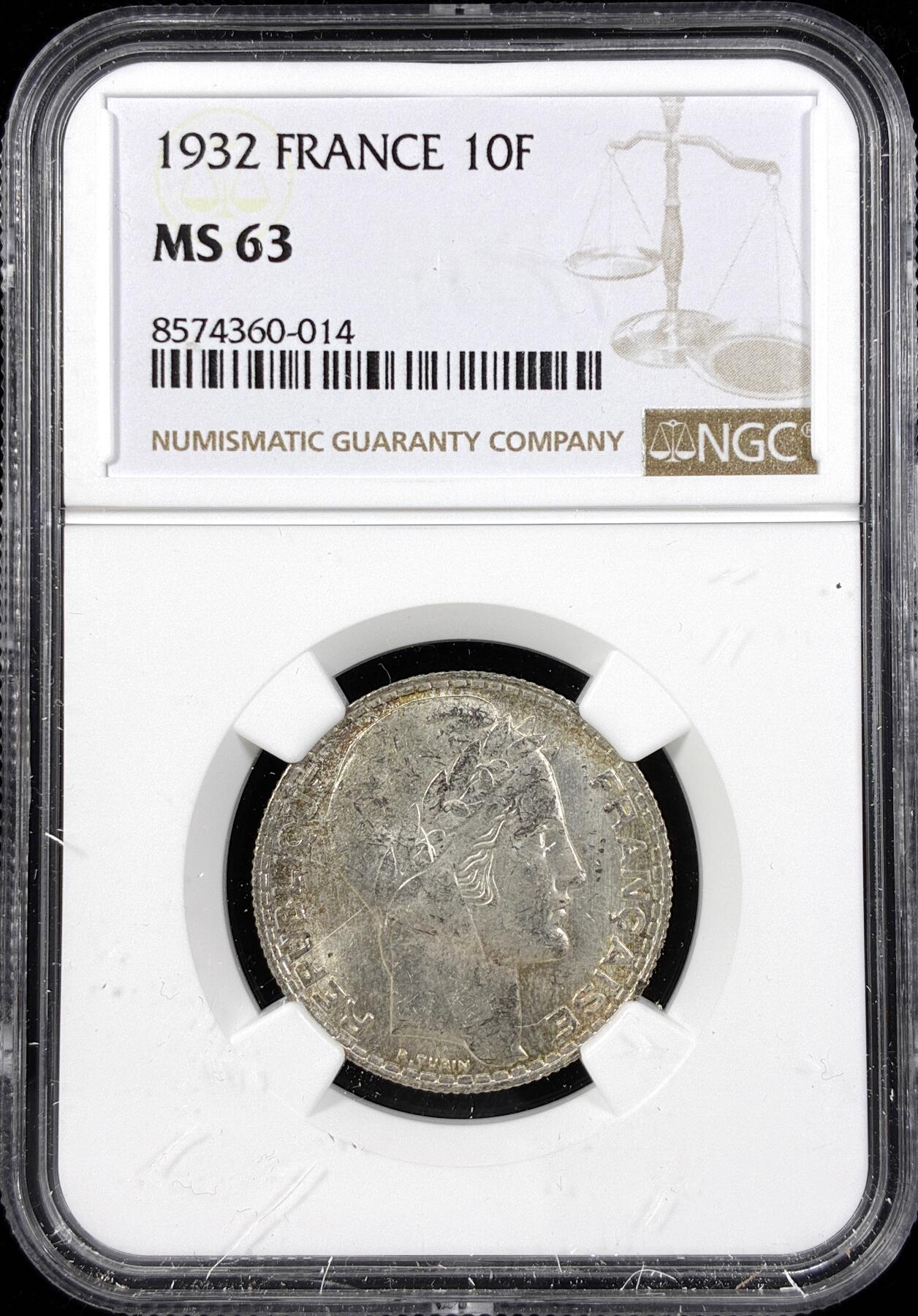 【雨安】【直播拍卖】【第0124期-评级币章】2026-01-17 周六 19:30 [评级法国] France 法国 10法郎 KM#0878 桂冠女神  [10.00 g.,  0.680 Silver] 1932年  NGC-MS63
