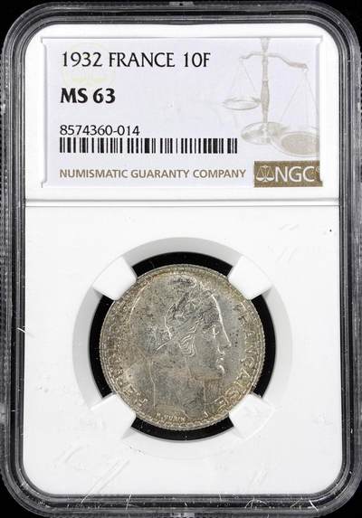 【雨安】【直播拍卖】【第0124期-评级币章】2026-01-17 周六 19:30 - [评级法国] France 法国 10法郎 KM#0878 桂冠女神  [10.00 g.,  0.680 Silver] 1932年  NGC-MS63
