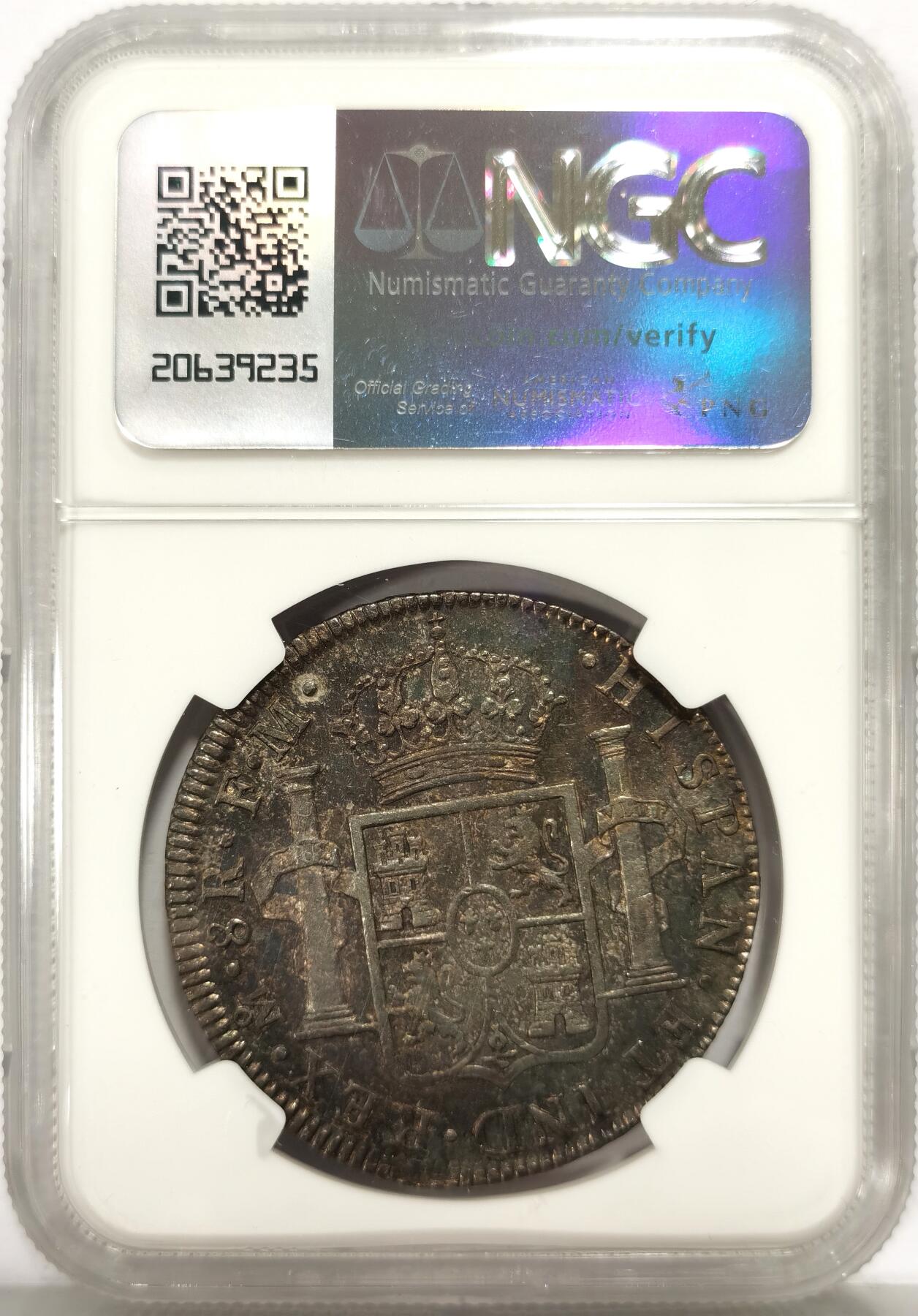 博洋堂世界钱币拍卖第157期（全场包邮） NGC AU 西属墨西哥1784年MO FM卡洛斯三世双柱银币，极美黑彩包浆