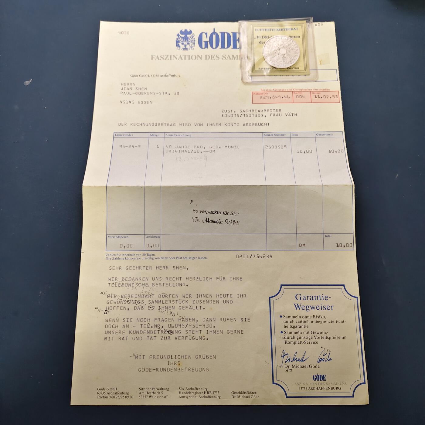 【全场包邮】纯粹捡漏拍494场 德国联邦德国1989年10马克共和国40周年纪念银币-带证书【33毫米15.5克，纯银价约194元（按20元银价折算）】