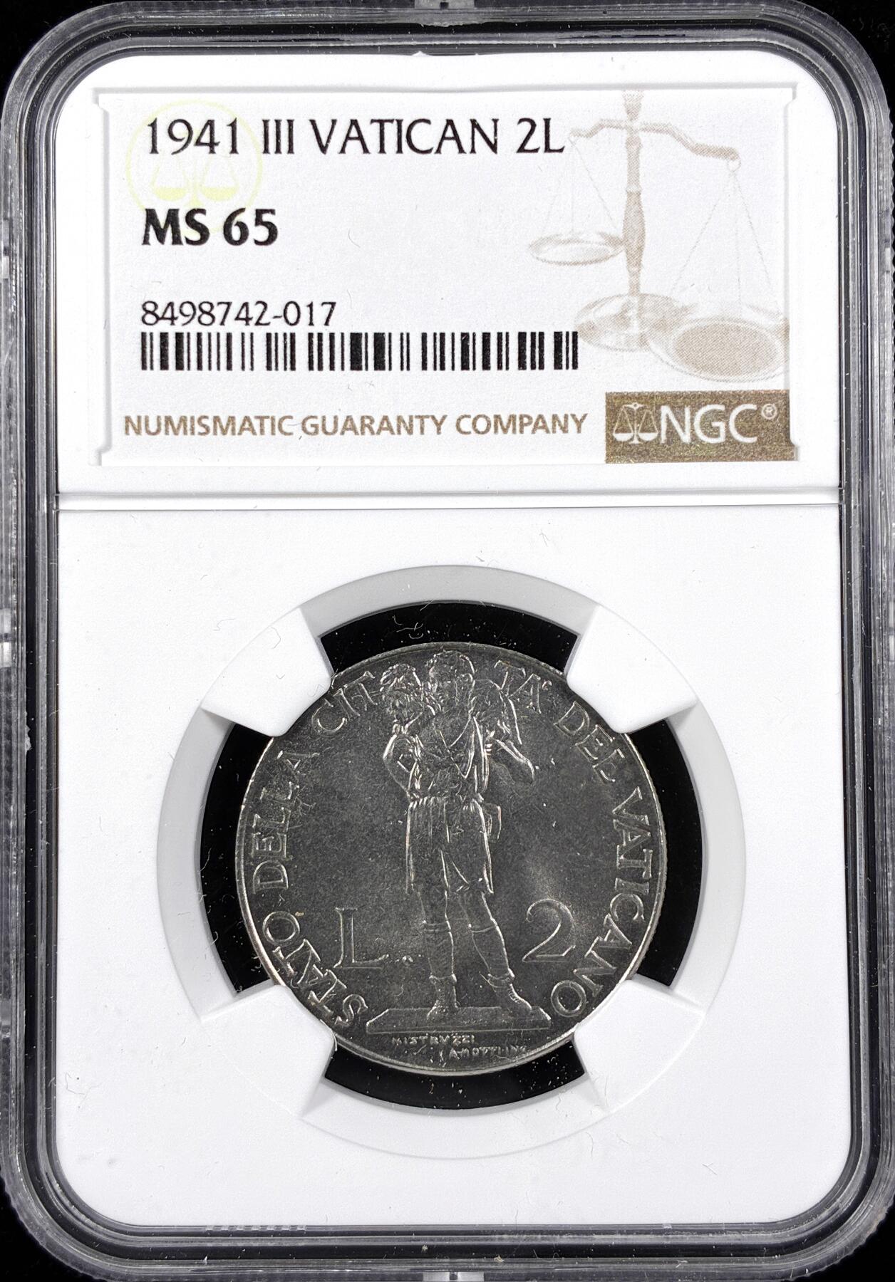 【雨安】【直播拍卖】【第0124期-评级币章】2026-01-17 周六 19:30 [评级欧洲] Vatican 梵蒂冈 2里拉 1941年  NGC-MS65