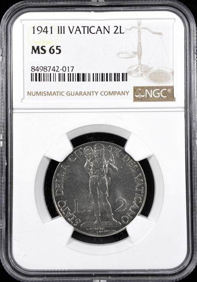 【雨安】【直播拍卖】【第0124期-评级币章】2026-01-17 周六 19:30 - [评级欧洲] Vatican 梵蒂冈 2里拉 1941年  NGC-MS65