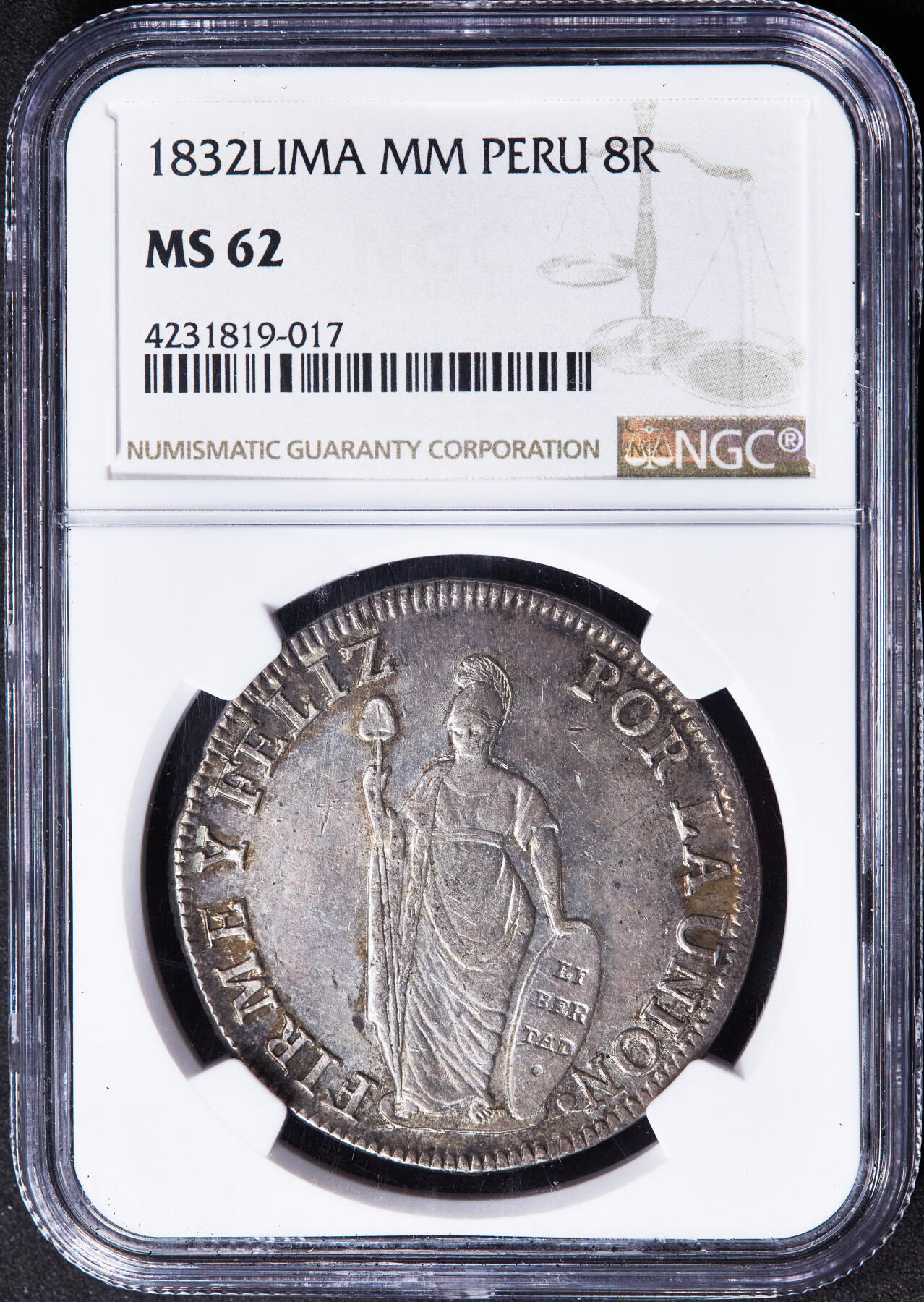 【俄甄集藏】“万象更新、马呈祥瑞”迎新春俄甄精品场-2026年(047)01-21 星期三 晚 19:30 全场包邮 秘鲁共和国1832年利马厂MM版8里亚尔女神站像大银币，NGC MS62，黄油五彩原光品相，经典品种，MS少见