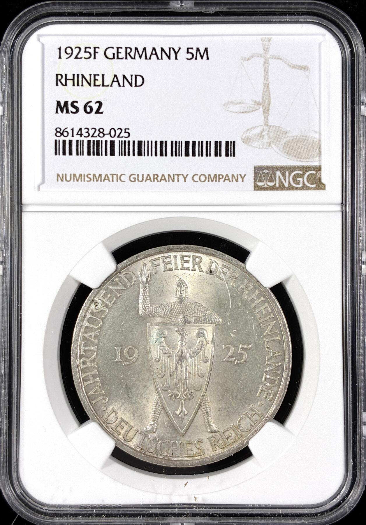 【雨安】【直播拍卖】【第0124期-评级币章】2026-01-17 周六 19:30 [评级德国] Germany 德国 魏玛 5马克 KM#47 莱茵兰千年 1925年  NGC-MS62