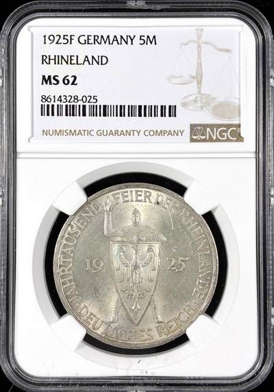 【雨安】【直播拍卖】【第0124期-评级币章】2026-01-17 周六 19:30 - [评级德国] Germany 德国 魏玛 5马克 KM#47 莱茵兰千年 1925年  NGC-MS62