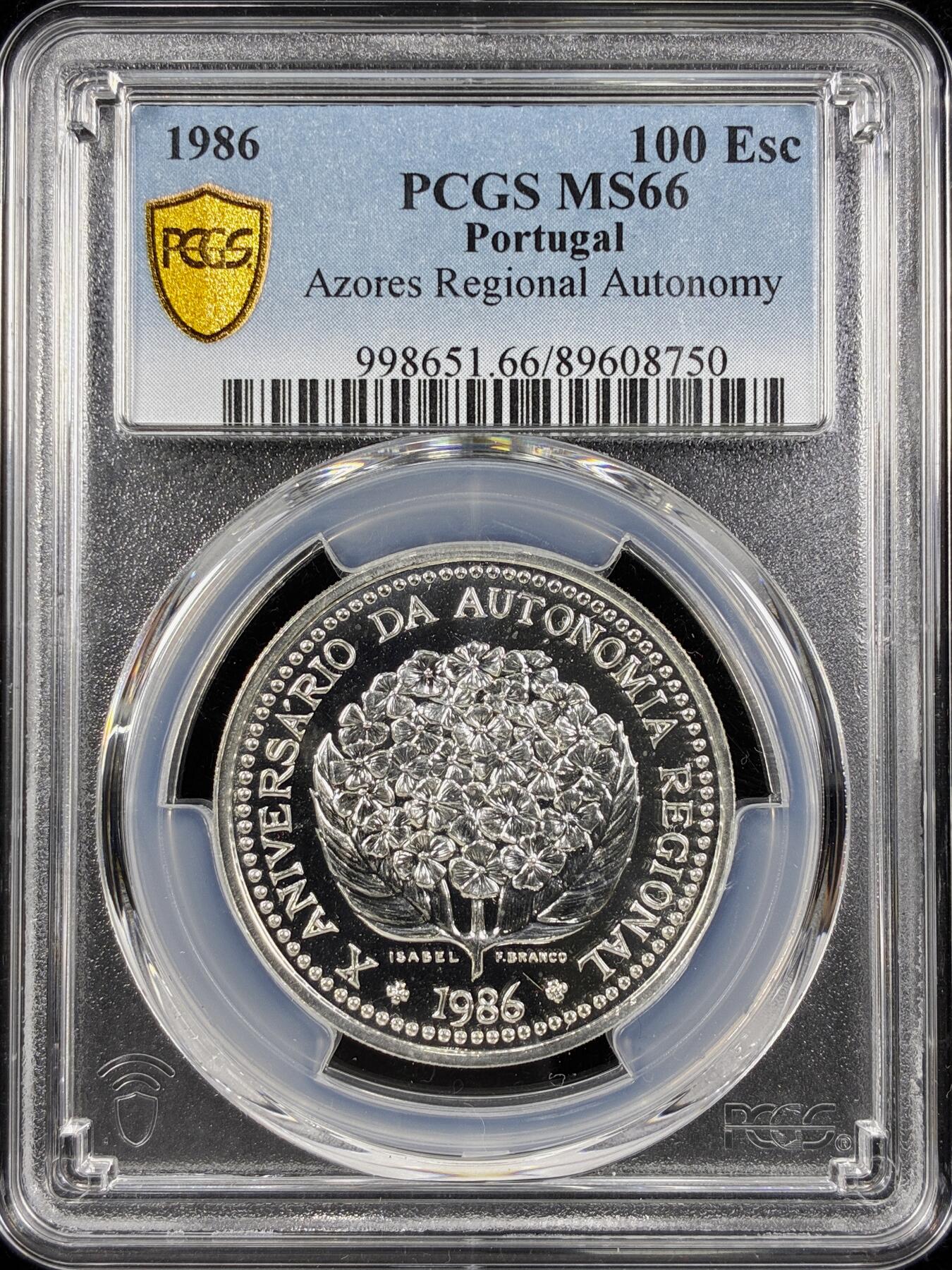 【雨安】【直播拍卖】【第0124期-评级币章】2026-01-17 周六 19:30 [评级现代] Portugal 葡萄牙 100埃斯库多 1986年 亚速尔自治区  PCGS-MS66