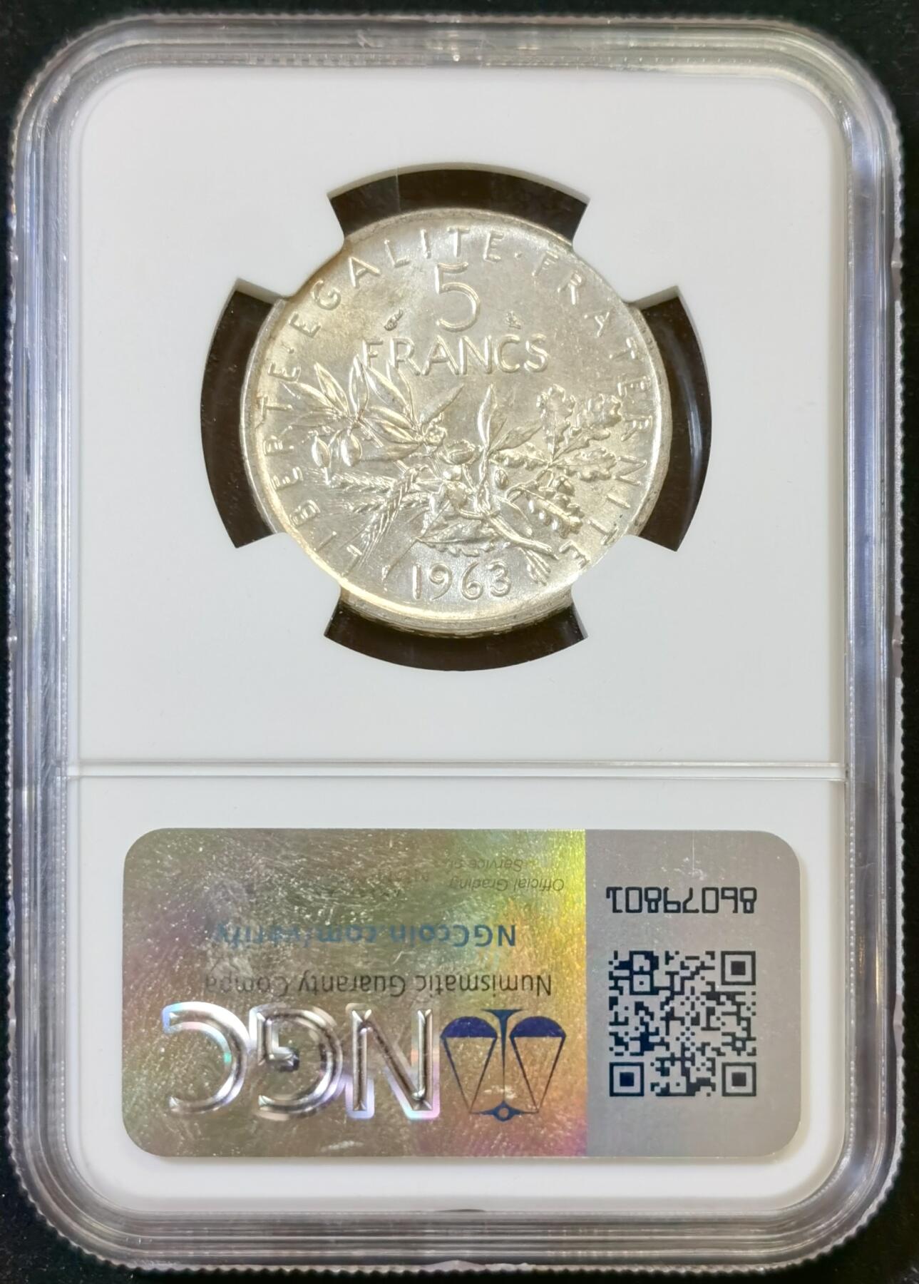 甄臻铺-世界币章拍卖（第48期）精品场拍品征集中，送拍享返佣金等优惠多多 NGC-MS63 1963法国播种女神5法郎银币，转光丝滑，正面边缘带彩，纯银价已近200