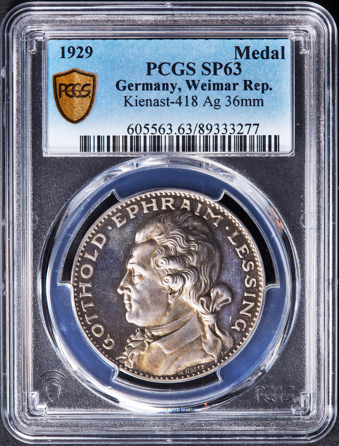 【俄甄集藏】“万象更新、马呈祥瑞”迎新春俄甄精品场-2026年(047)01-21 星期三 晚 19:30 全场包邮 德国魏玛1929年纪念作家莱辛诞辰200周年银章，PCGS SP63，黄油五彩老包浆，卡尔·哥茨作品，类精制底板，名誉品种