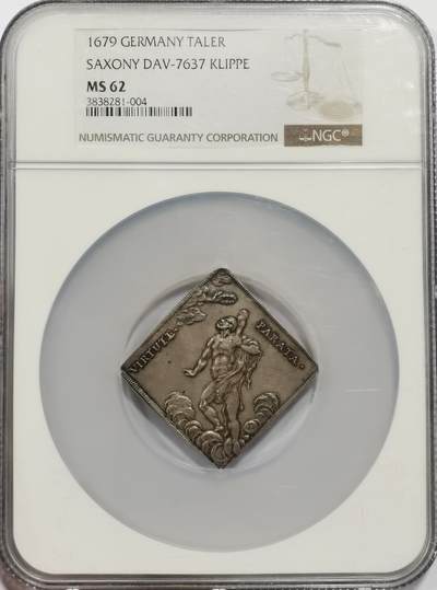 博洋堂世界钱币拍卖第157期（全场包邮） - NGC MS62 德国萨克森1679年方型泰勒 奈梅亨条约缔结纪念，此条约是第一次用法文代替拉丁文书写的国际条约，彰显太阳王的影响力。稀见品种，唯一冠军分