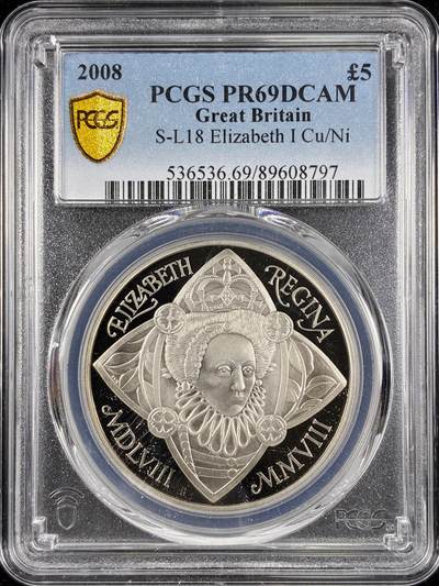 【雨安】【直播拍卖】【第0124期-评级币章】2026-01-17 周六 19:30 - [评级现代] Great Britain 英国 5镑 2008年 伊丽莎白一世 PCGS-PR69DCAM 精制币