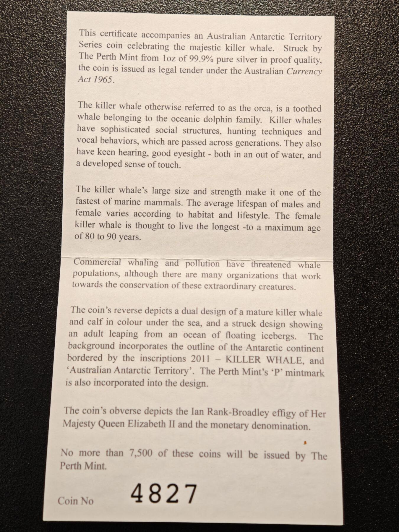 【德藏】世界币章拍卖第162期（拍品征集中~欢迎藏友联系） 2011年 澳大利亚极地系列-虎鲸彩色精制纪念银币 直径约：40.6mm；重约：31.135g 999银 原盒 原证书