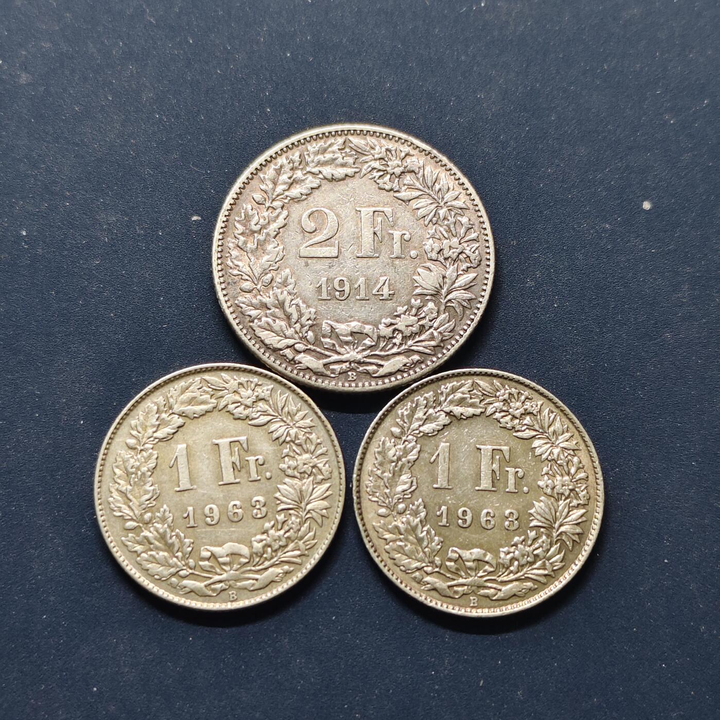 【全场包邮】纯粹捡漏拍495场-持续更新中 瑞士各年份1-2法郎银币3枚一组