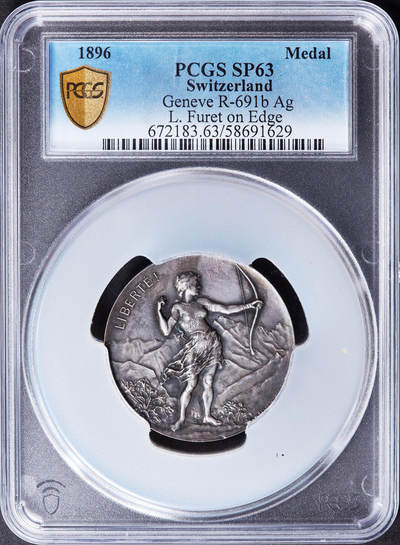 【俄甄集藏】“万象更新、马呈祥瑞”迎新春俄甄精品场-2026年(047)01-21 星期三 晚 19:30 全场包邮 - 瑞士1896年纪念日内瓦射击节虎妞射箭大银章，PCGS SP63，酱彩老包浆，高浮雕，名誉品种，直径：48mm