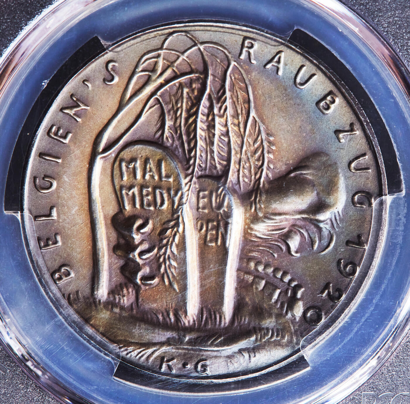 【俄甄集藏】“万象更新、马呈祥瑞”迎新春俄甄精品场-2026年(047)01-21 星期三 晚 19:30 全场包邮 德国魏玛1920年谴责比利时在欧本和马尔梅迪非法全民公决纪念银章，PCGS SP64，卡尔·哥茨名誉品种，五彩包浆，顶级状态，唯一冠军分