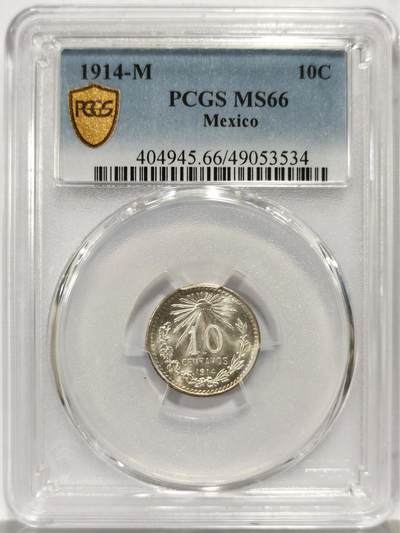 博洋堂世界钱币拍卖第157期（全场包邮） - PCGS MS66 墨西哥1914年鹰洋10分银币，早期高分罕见，背面卡槽有一小磕