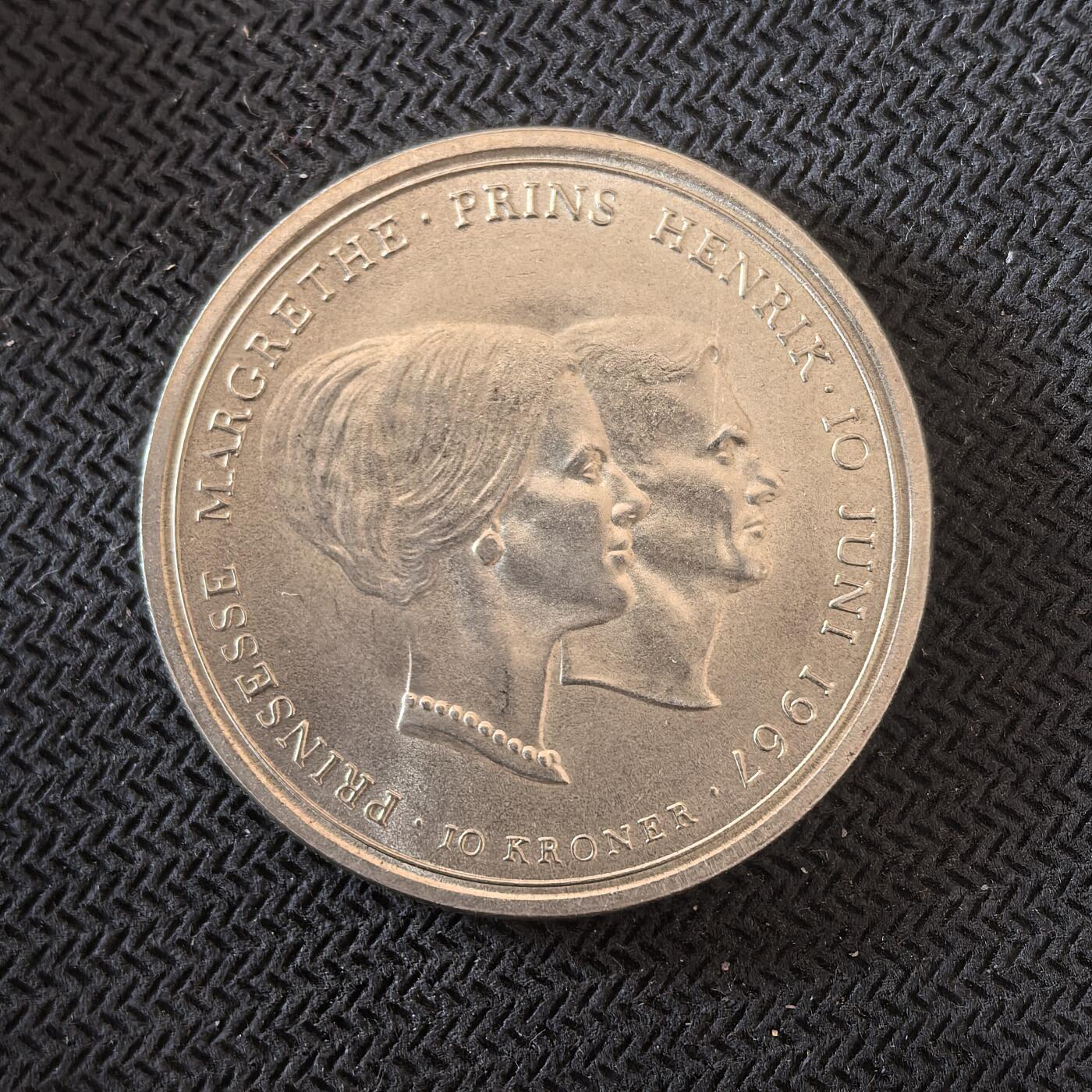 道一币馆币章第一百六十三场 丹麦1967年玛格丽特公主的婚礼10克朗纪念银币  20.4g 800s