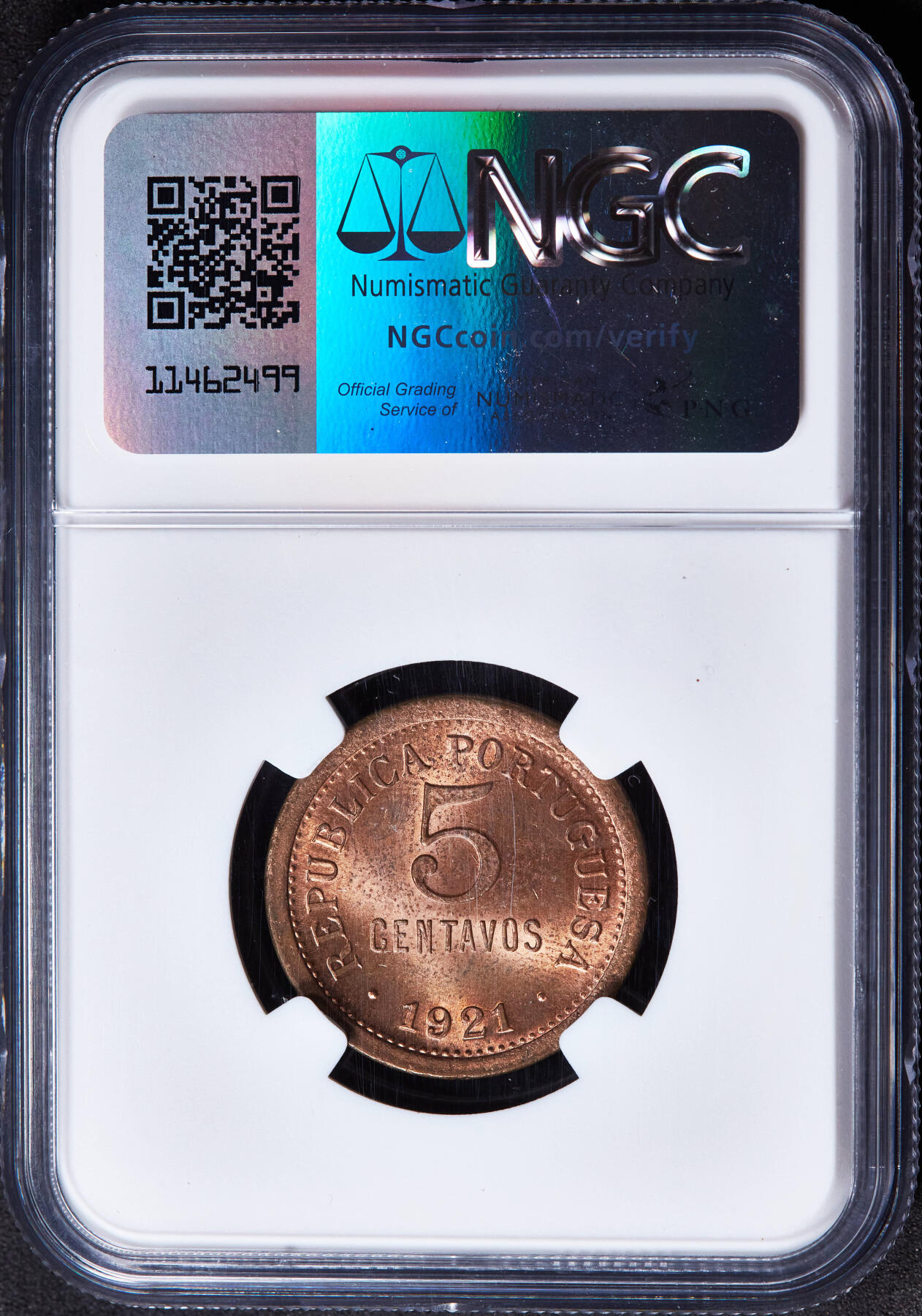 【俄甄集藏】“万象更新、马呈祥瑞”迎新春俄甄精品场-2026年(047)01-21 星期三 晚 19:30 全场包邮 葡萄牙1921年国徽版5分铜币，NGC MS63RB，原铜色转光品相