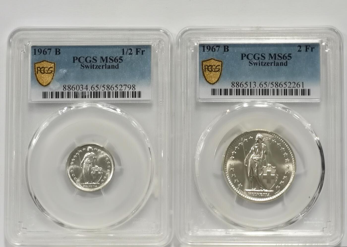 博洋堂世界钱币拍卖第157期（全场包邮） PCGS MS65 瑞士1967年1/2法郎、2法郎银币一组2枚