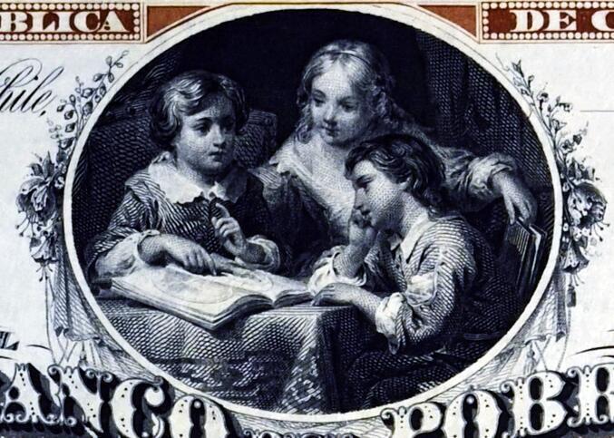 【Blue Auction】世界纸币精拍第776期——18级TOP拍卖/信誉/品质/专业/高效💫   【唯一冠军分 带签名无47 罕见高分】智利 1870年代1比索 PMG66EPQ 这张带原始边铭显得票幅特别巨大 背绿纹饰美观 自由女神及三个正在阅读的小孩雕刻细腻 值得收藏