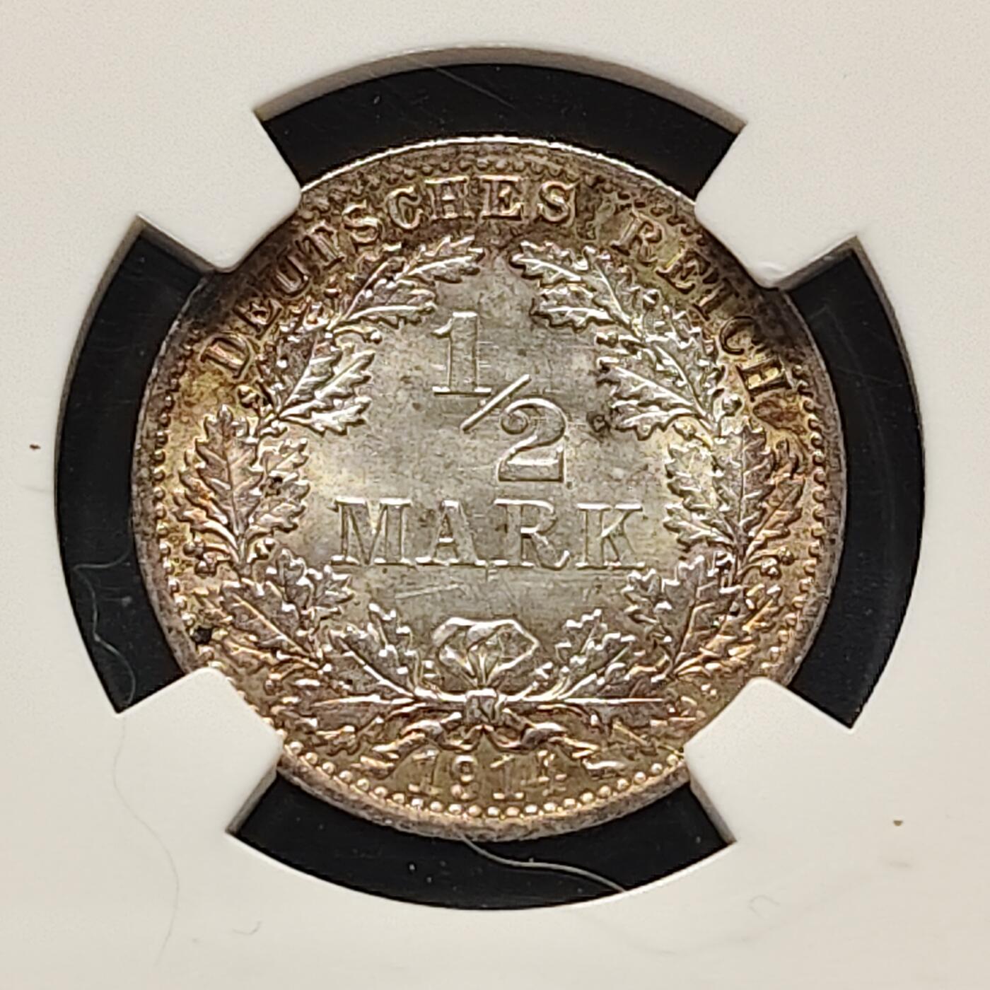 【全场包邮】纯粹捡漏拍495场-持续更新中 德国第二帝国1914年1/2马克银币（彩色包浆）-NGC MS65