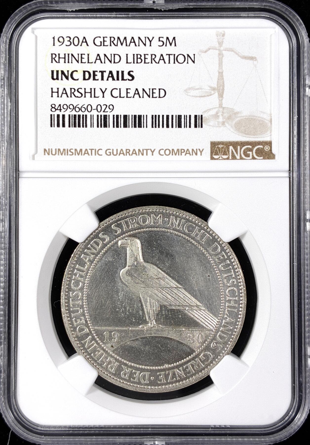 【雨安】【直播拍卖】【第0124期-评级币章】2026-01-17 周六 19:30 [评级德国] Germany 德国 魏玛 5马克 KM#71 莱茵兰鹰桥 1930年  NGC-UNC