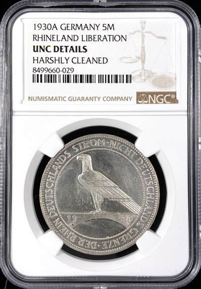 【雨安】【直播拍卖】【第0124期-评级币章】2026-01-17 周六 19:30 - [评级德国] Germany 德国 魏玛 5马克 KM#71 莱茵兰鹰桥 1930年  NGC-UNC