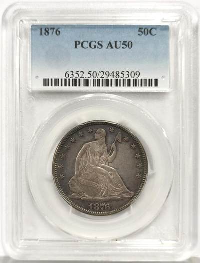 博洋堂世界钱币拍卖第157期（全场包邮） - PCGS AU50 美国1876年拿旗50分银币，极美包浆