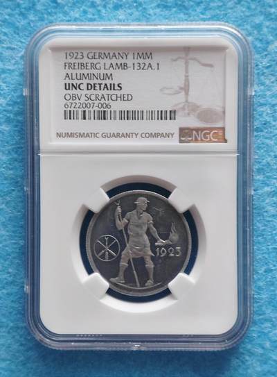 1月14日 🌏全球币章 - 稀少品：1923年/德国《弗莱堡火把男》100万马克/铝质/紧急币/NGC- UNC