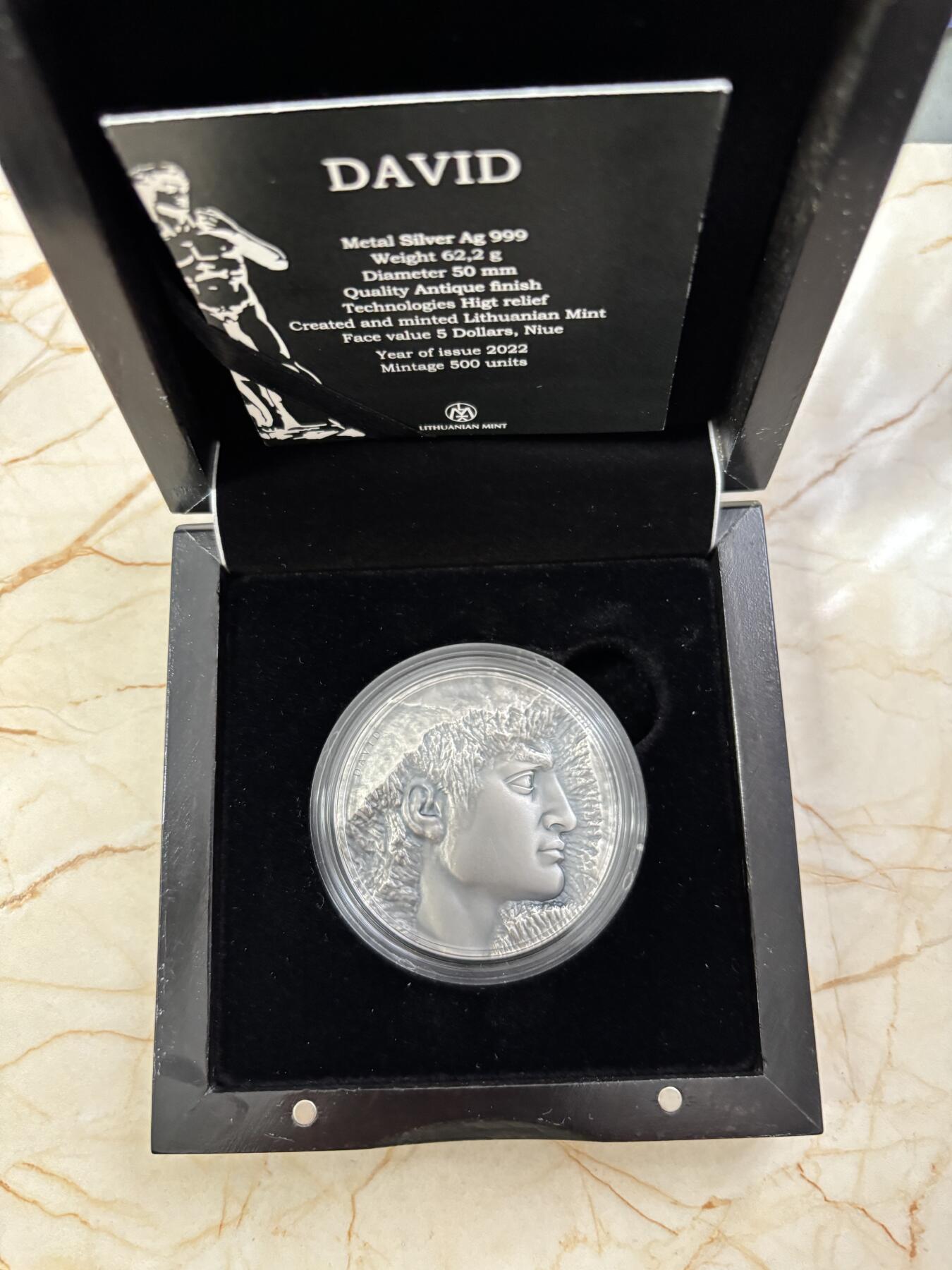 第188期拍卖 纽埃2022年雕塑系列1大卫2盎司高浮雕仿古纪念银币，999银，发行500枚