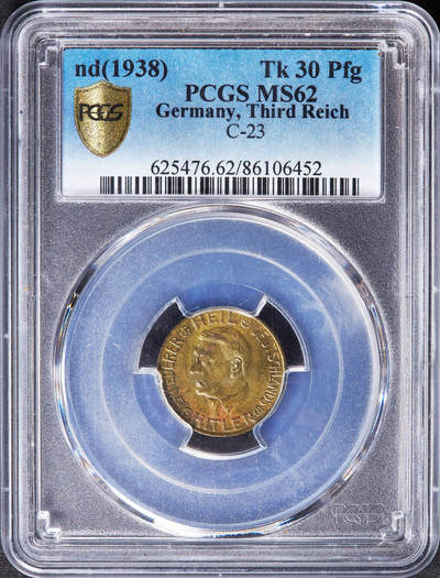 【俄甄集藏】“万象更新、马呈祥瑞”迎新春俄甄精品场-2026年(047)01-21 星期三 晚 19:30 全场包邮 - 德国第三帝国1938年总理头像30芬尼代用铜币，PCGS MS62，原图联系客服或前往对应官网进行查询