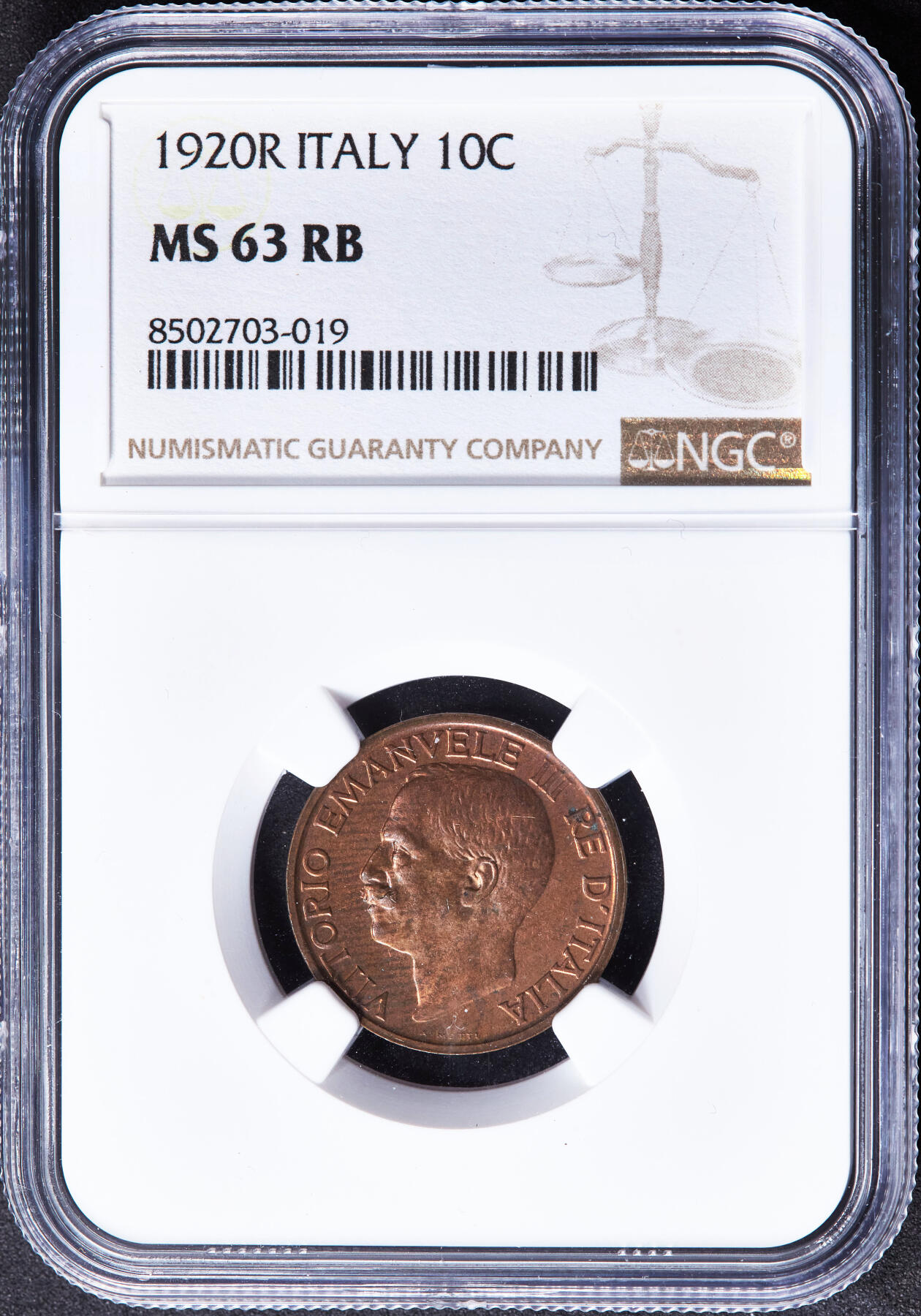 【俄甄集藏】“万象更新、马呈祥瑞”迎新春俄甄精品场-2026年(047)01-21 星期三 晚 19:30 全场包邮 意大利1920年R版伊曼纽尔三世蜜蜂10分铜币，NGC MS63RB，转光品相，钱币史上十分经典的设计，热门品种