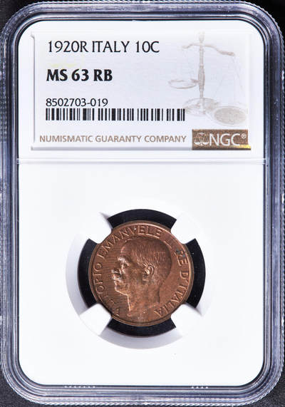 【俄甄集藏】“万象更新、马呈祥瑞”迎新春俄甄精品场-2026年(047)01-21 星期三 晚 19:30 全场包邮 - 意大利1920年R版伊曼纽尔三世蜜蜂10分铜币，NGC MS63RB，转光品相，钱币史上十分经典的设计，热门品种