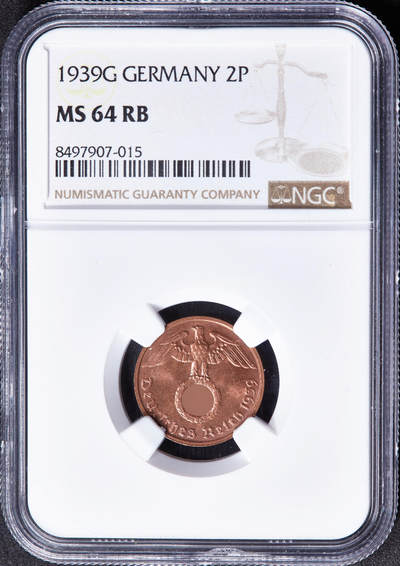 【俄甄集藏】“万象更新、马呈祥瑞”迎新春俄甄精品场-2026年(047)01-21 星期三 晚 19:30 全场包邮 - 德国第三帝国1939年G版2芬尼铜币，NGC MS64RB，原铜色转光品相，原图联系客服或者查询相关官网查看