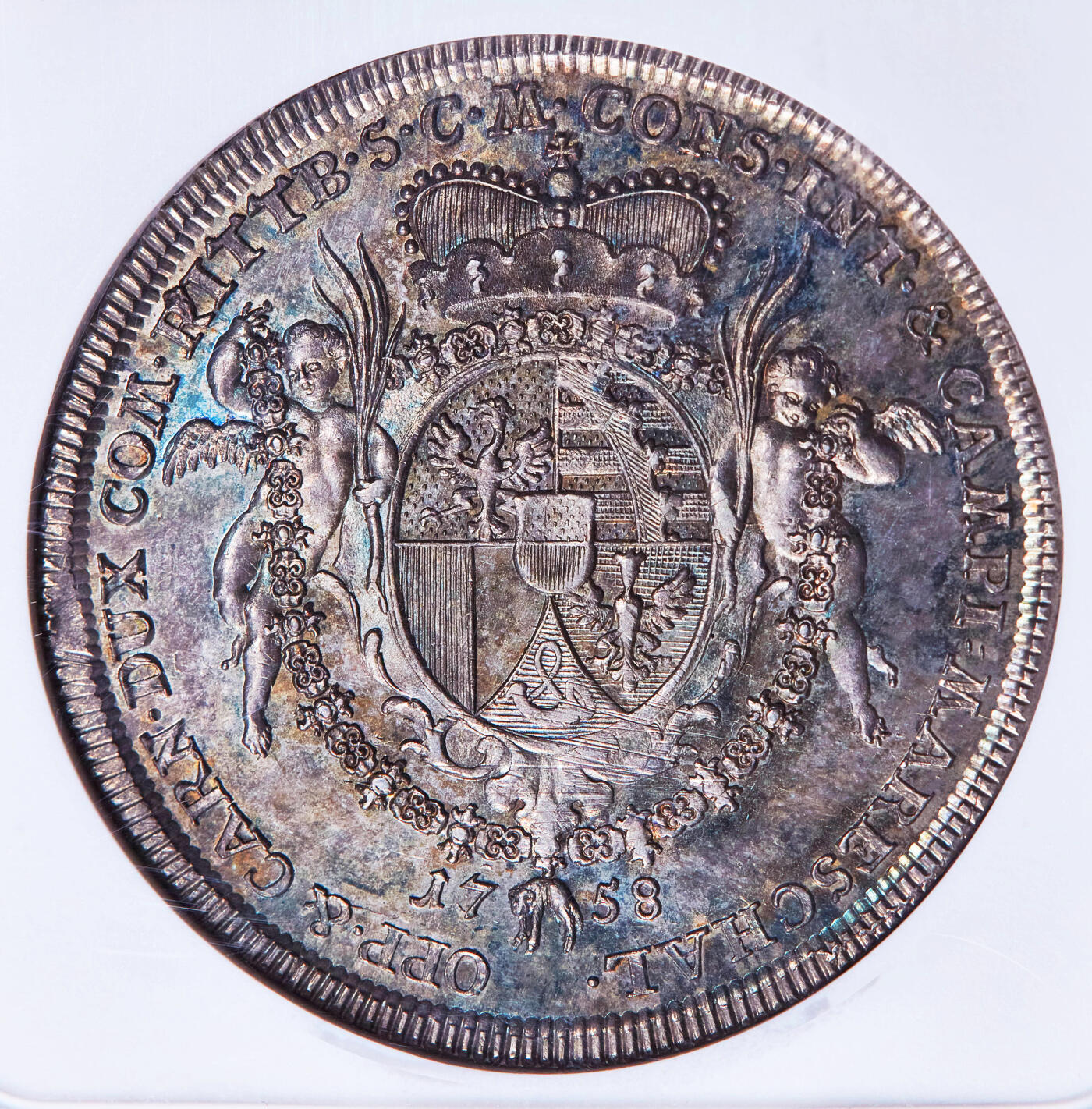 【俄甄集藏】“万象更新、马呈祥瑞”迎新春俄甄精品场-2026年(047)01-21 星期三 晚 19:30 全场包邮 神圣罗马帝国-列支敦士登大公国1758年约瑟夫·文策尔一世天使盾徽1泰勒大银币，NGC MS62，稀有品种，发行量700枚，五彩包浆，原光品相，底板凝霜，季军