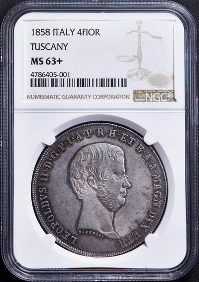 【俄甄集藏】“万象更新、马呈祥瑞”迎新春俄甄精品场-2026年(047)01-21 星期三 晚 19:30 全场包邮 - 意大利托斯卡纳大公国1858年利奥波德二世4菲奥里尼大银币，NGC MS63+，酱彩老包浆，原光品相，经典品种