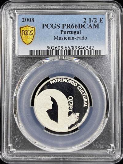 【雨安】【直播拍卖】【第0124期-评级币章】2026-01-17 周六 19:30 - [评级欧元] Portugal 欧元 葡萄牙 2.5欧元 2008年 法多音乐 PCGS-PR66DCAM 精制币