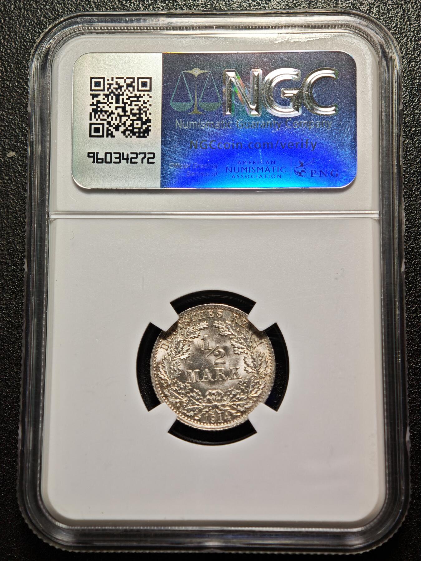 【德藏】世界币章拍卖第162期（拍品征集中~欢迎藏友联系） 1914年 德国1/2马克银币 NGC MS67 原光极强 状态极佳