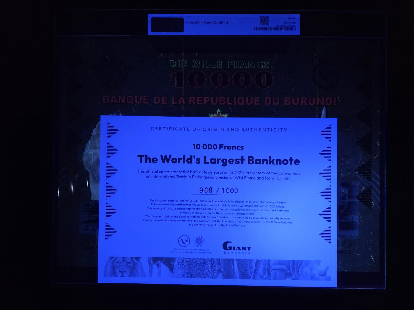 叁拾收藏第34期 布隆迪10000法郎  纪念钞 世界最大纸币  共发行1000张之968号  PMG70