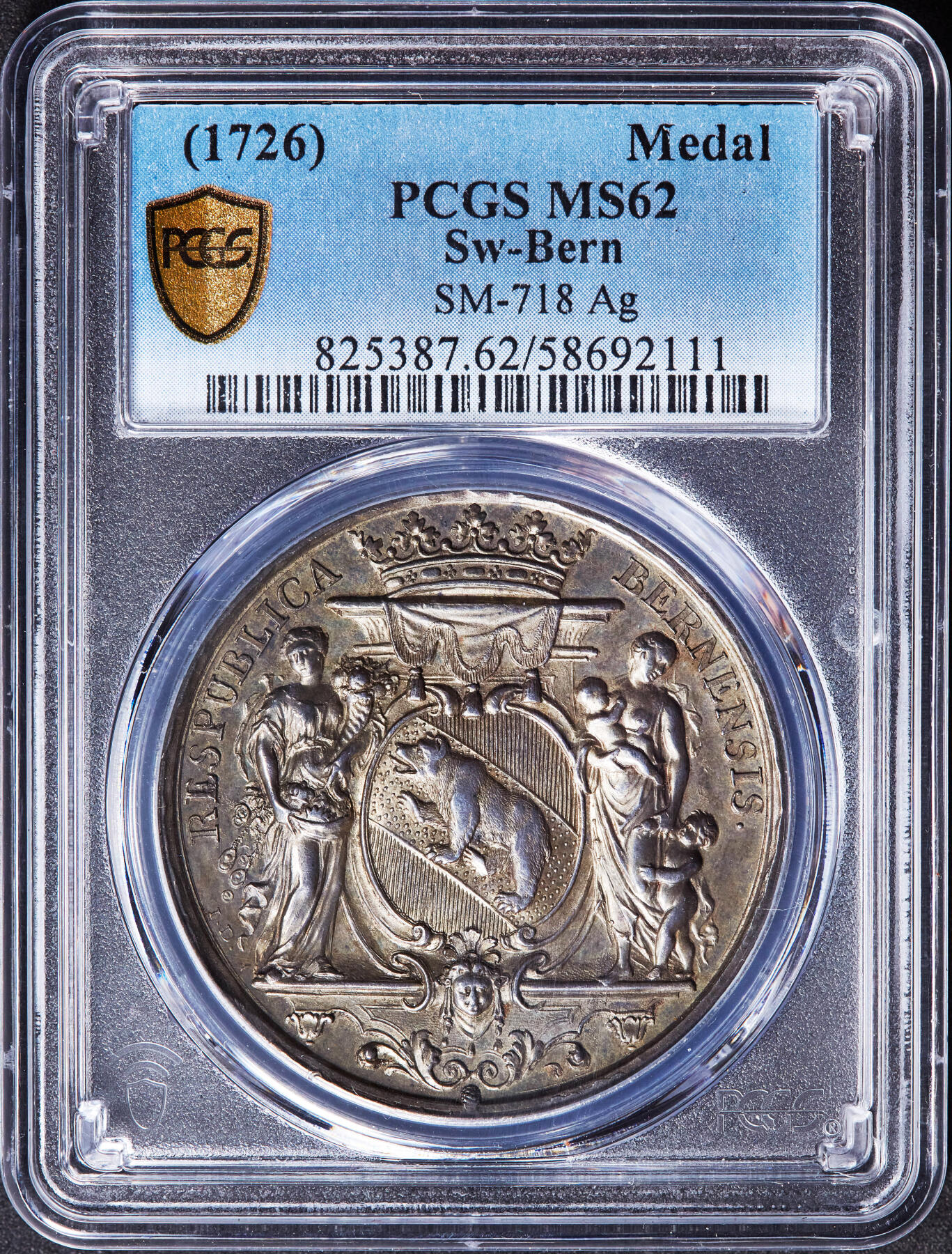 【俄甄集藏】“万象更新、马呈祥瑞”迎新春俄甄精品场-2026年(047)01-21 星期三 晚 19:30 全场包邮 瑞士1726年伯尔尼城市与文化“因愿景而繁荣”巴洛克风格纪念大银章，PCGS SP62，黄油彩老包浆，设计精美，唯一冠军分